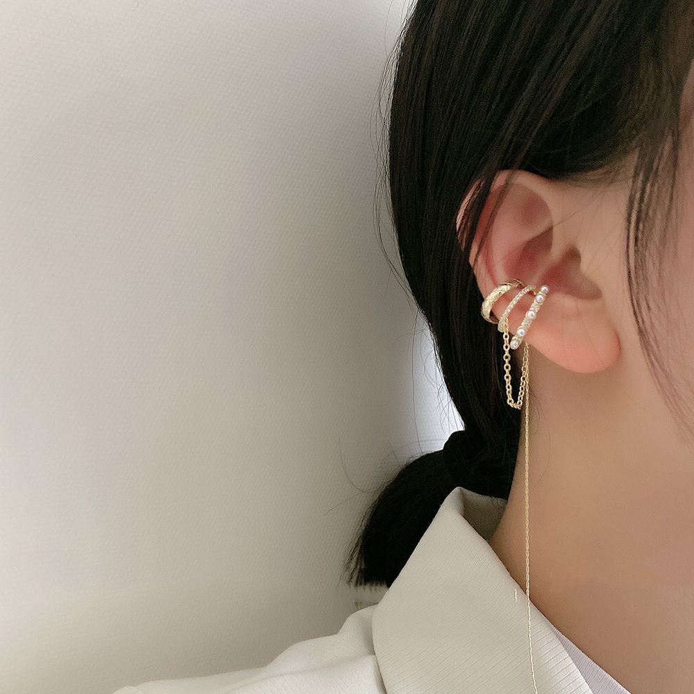 Khuyên Kẹp Vành Tai Dáng Dài Bằng Kim Loại Đính Đá Zircon / Ngọc Trai Không Cần Xỏ Khuyên Nhiều Màu Cho Nữ