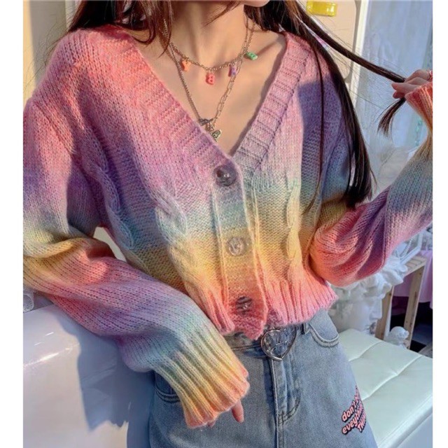 [Có ảnh thật]JISOO BLACKPINK Áo croptop len tay dài màu rainbow cầu vồng phong cách ulzzang