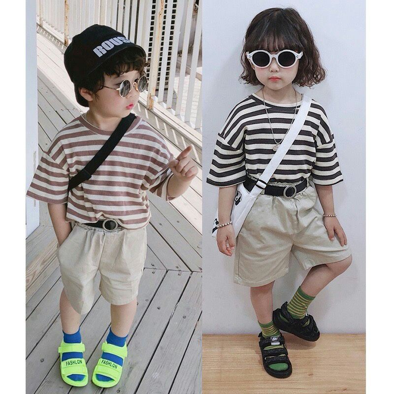 Set bộ kẻ tăm cho bé gái bé trai siêu xinh (áo + quần + belt)
