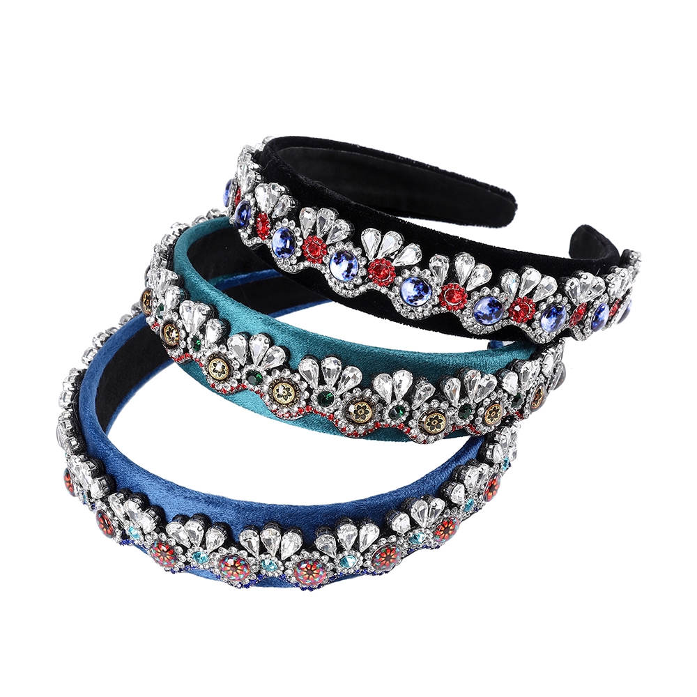 Retro Crystal Diamond Velvet Headband Woman Fashion Rhinestone Wide-brim Hair Band Crown Headdress