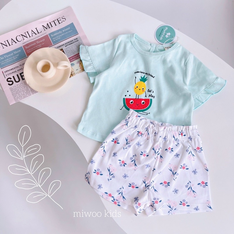 Bộ quần áo bé gái tay phối bèo siêu xinh kèm quần vải hoa in hoa tiết bozip hoa nhí ngọt ngào