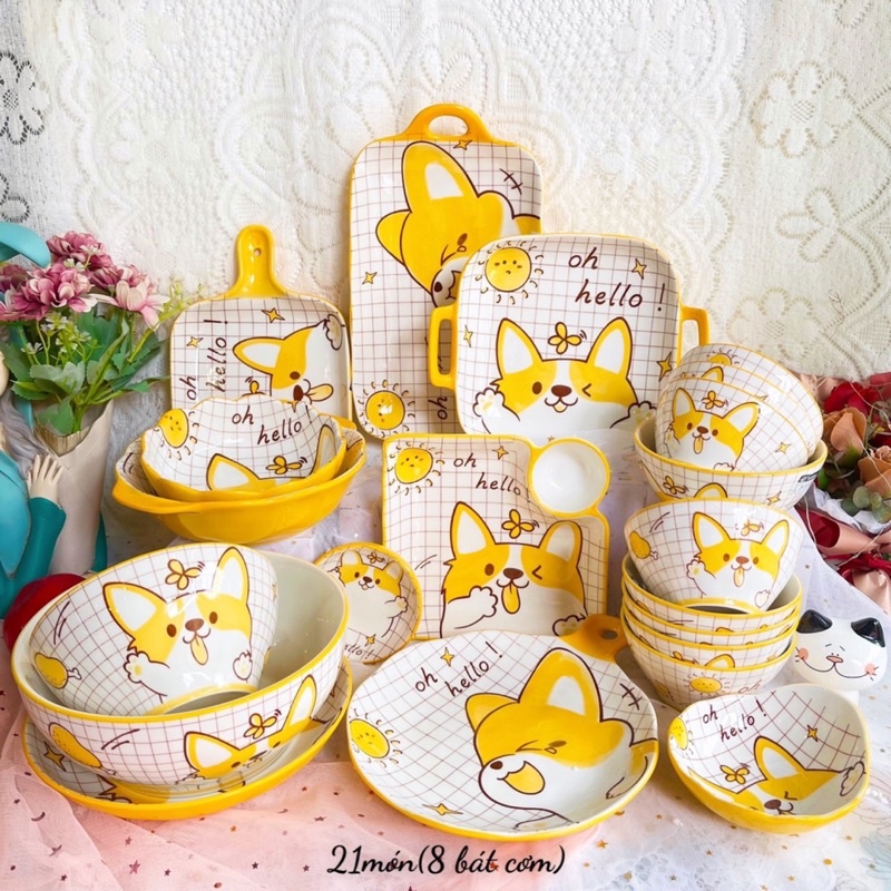 Set Bát Đĩa Decor Chén Dĩa Sứ Hoạ Tiết Chó Corgi Vàng Bát Ăn Cơm Tô Sứ Decor Dễ Thương