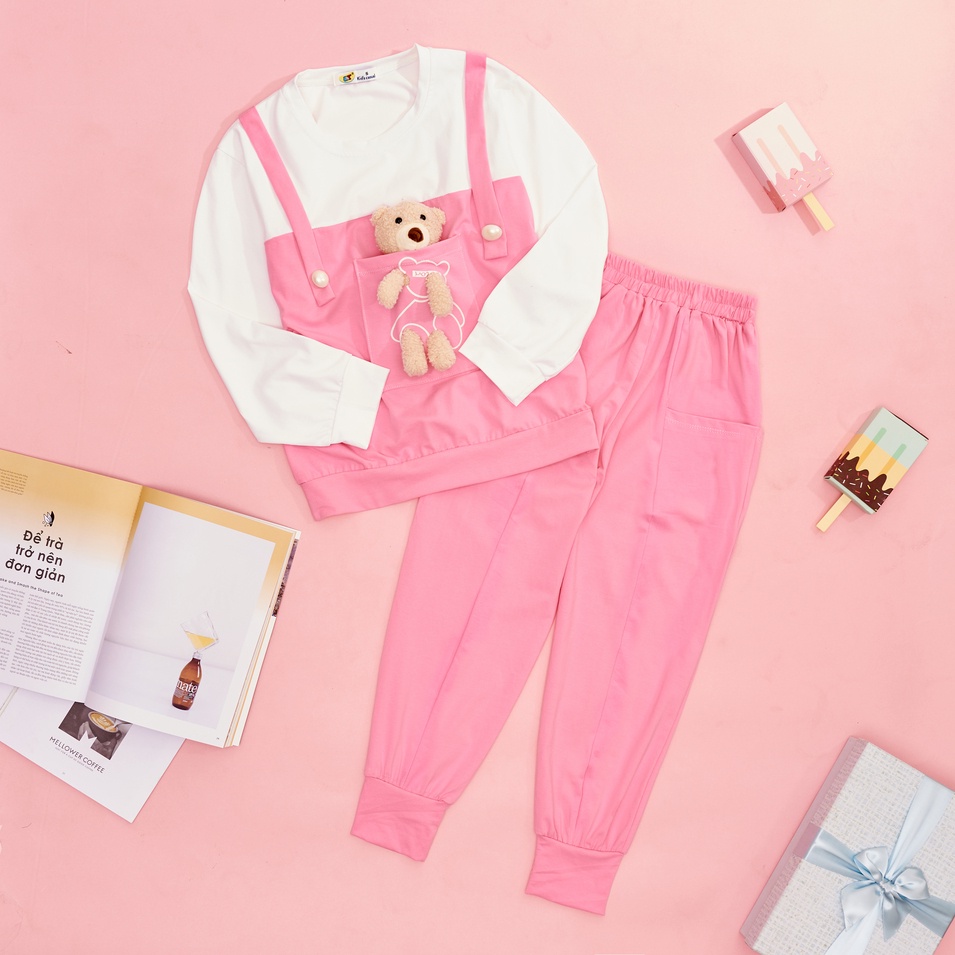 Bộ quần áo tay dài quần jogger dài thun cotton 100% dành cho bé gái đồ mùa thu đông từ 15 kg - 43 kg