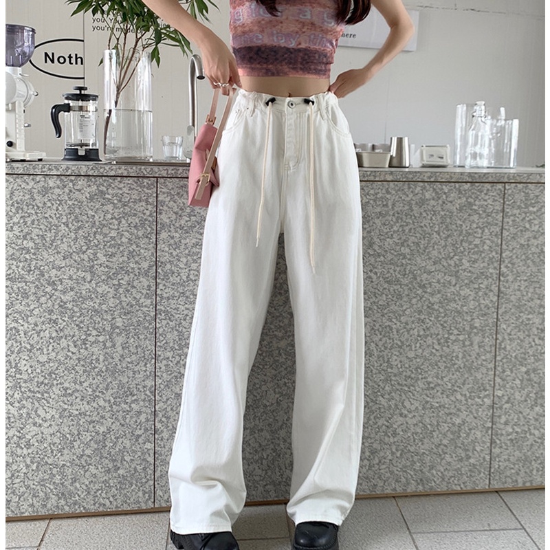 Quần Jean Dài Lưng Cao Ống Rộng Thời Trang Cá Tính Cho Nữ