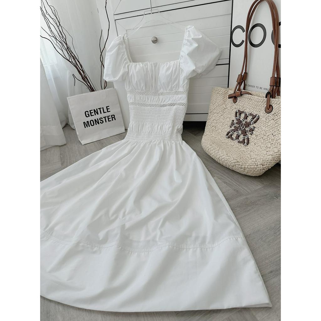 ĐẦM MIDI TRẮNG CÚP NGỰC ỐNG RỚT VAI REN BO CHUN EO (TH)