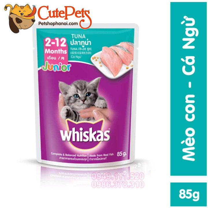 Pate cho mèo con Whiskas Junior 85g 2 vị cá ngừ và cá thu - CutePets