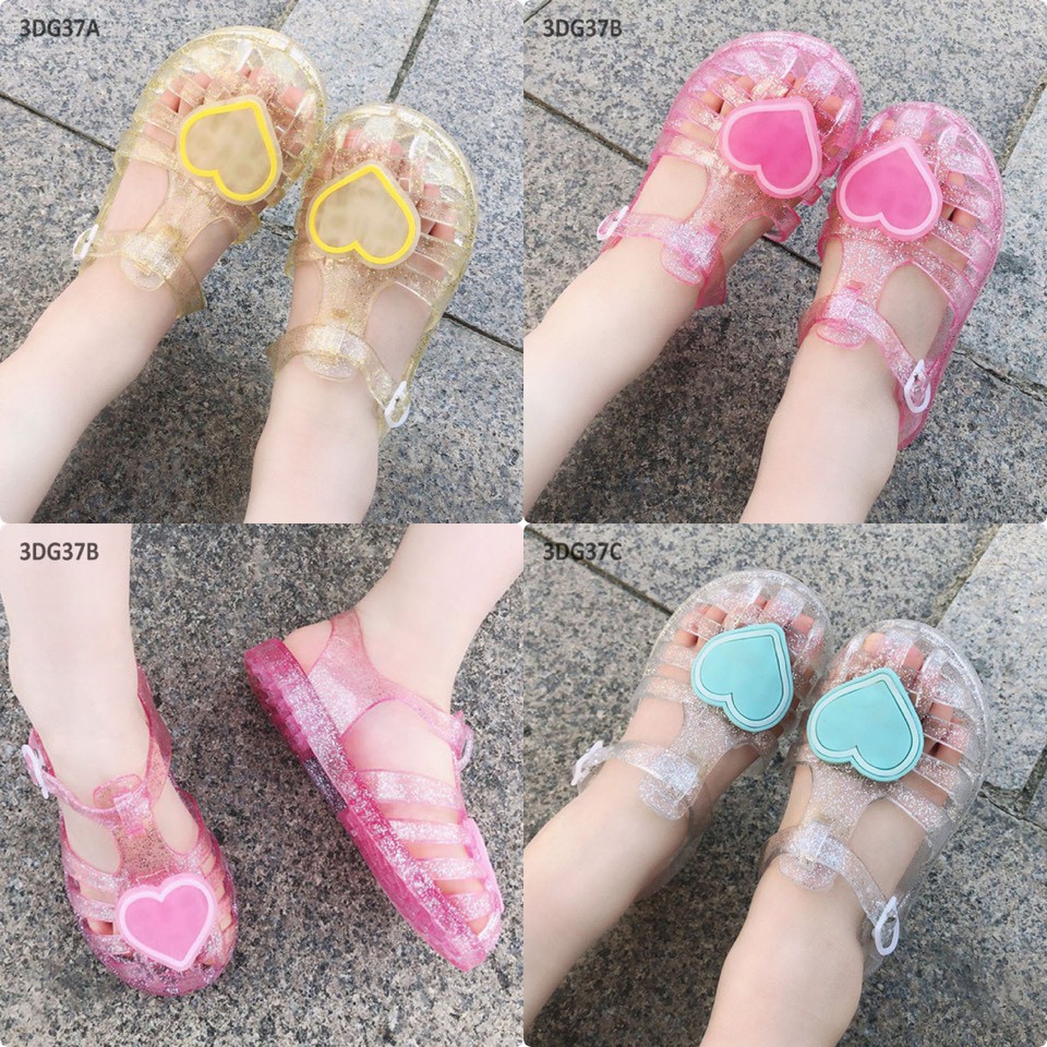 Sandal Nhựa Dẻo Bé Gái 3DG37 GIAY3DOI Cho Chân Bé 14-19.5cm Trái Tim Đáng Yêu