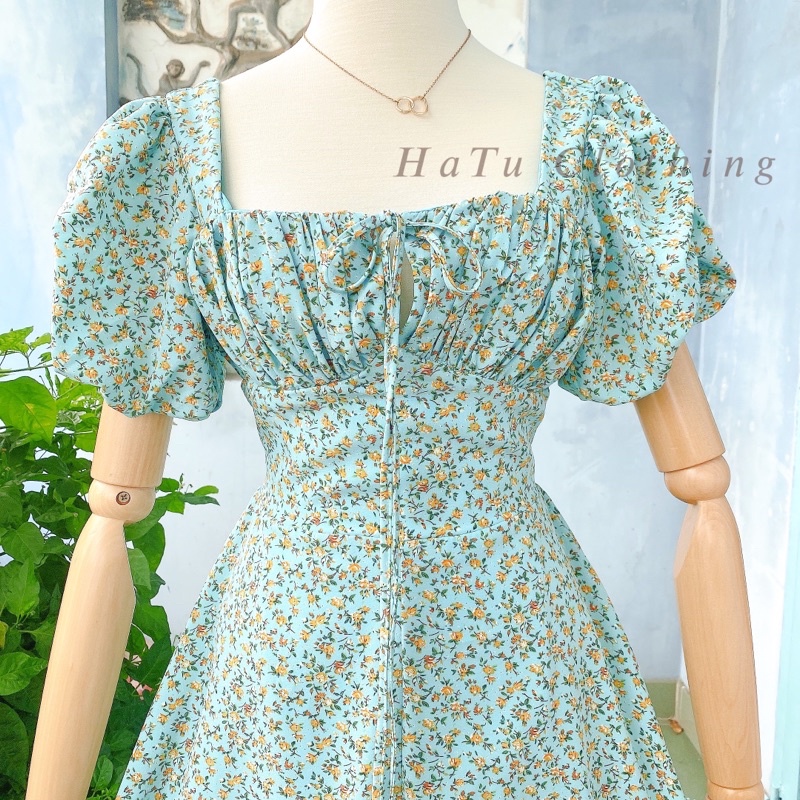 Lolie Dress - Đầm midi xẻ tà hoạ tiết hoa nhí cổ vuông tay phồng siêu xinh