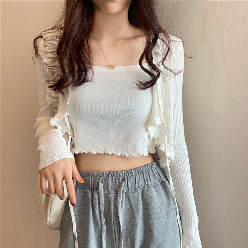 Sét áo 2 dây kèm khoác VIỀN BÈO CUỐN BIÊN xinh - Sét áo 2 dây+áo cadigan thun gân 001 💕💕💕💕