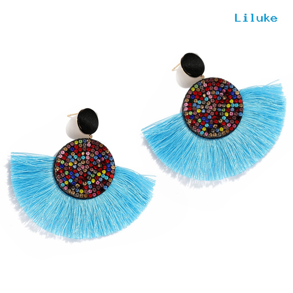 Đôi Khuyên Tai HìNh QuạT PhốI Tua Rua ĐíNh Kim Cương Giả ThờI Trang Cho Nữ