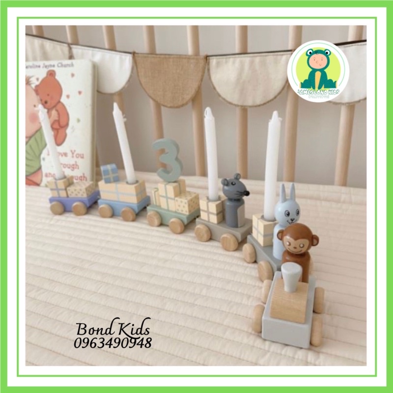 Đoàn xe kéo các toa cắm nến sinh nhật các tuổi bằng gỗ góc decor cho bé - bond kids
