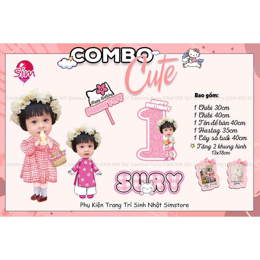 Combo hình chibi, bảng tên, cây welcome, cây số tuổi  trang trí sinh nhật bàn tiệc thiết kế  cho bé