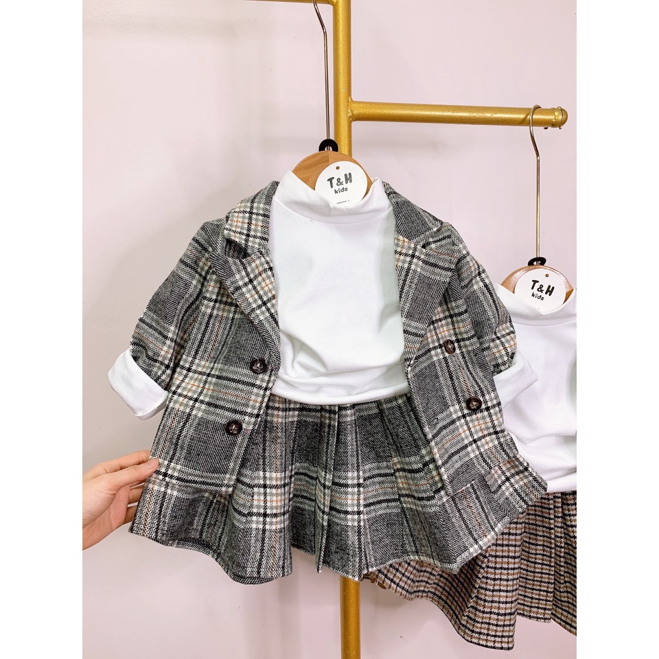 Set Váy Vest Caro Dài Tay 3 Chi Tiết, Thời Trang, Chất Tốt, Gồm Áo Vét, Áo Len Tăm Dài Tay, Váy Xếp Li.