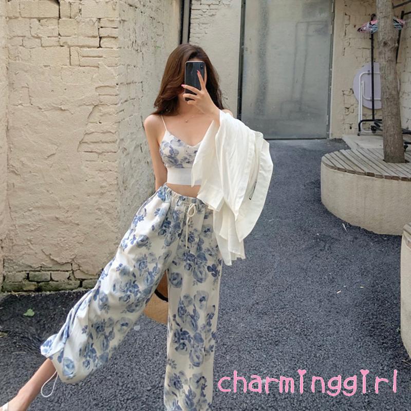 Set Áo Hai Dây Cổ Chữ V In Hoa + Quần Dài Lưng Thun Thời Trang Nữ