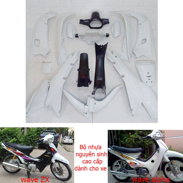 Bộ dàn áo xe WAVE alpha - Wave Zx - Wave 110 đời 2002-2006, nhựa ABS nguyên sinh màu trắng
