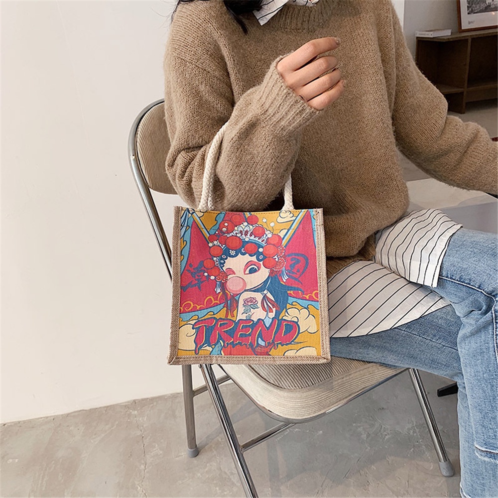 Benytro xách vải canvas đựng hộp cơm trưa in họa tiết thổ cẩm có khóa kéo thời trang tiện lợi
