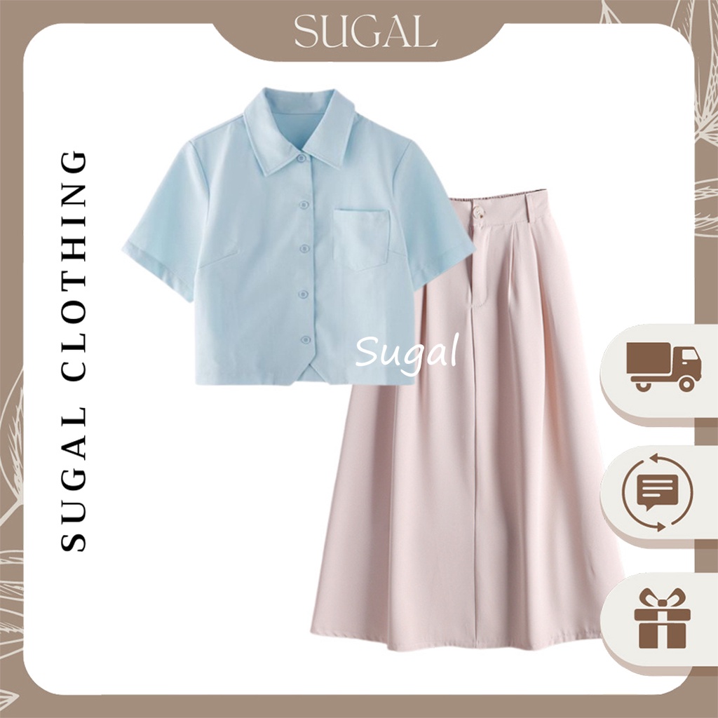 Set Áo Sơ Mi Nữ Croptop Ngắn Tay Phối Chân Váy Dài Thời Trang Sugal SO MI NU 026 + CV NU 0021