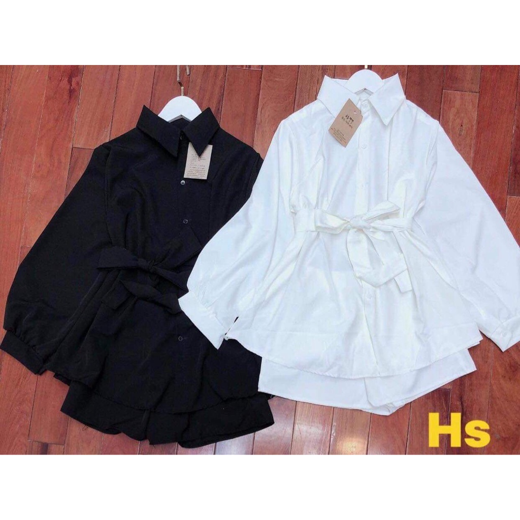 Sét đồ nữ sang chảnh cá tính mix áo sơ mi kèm đai bản to lồng dây và quần đùi