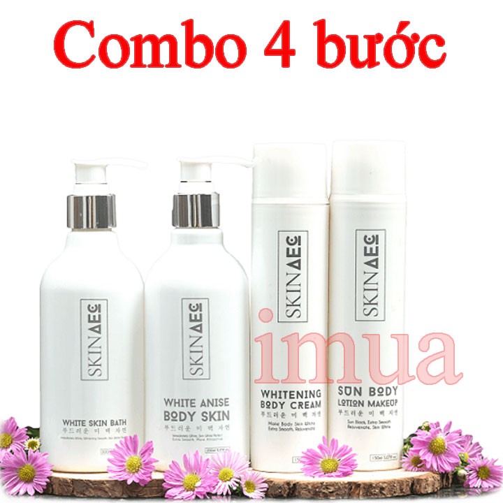 Combo 4 bước Ủ Kích Trắng + Sữa Tắm + Kem Dưỡng Trắng Da + Kem Chống Nắng SKINAEC