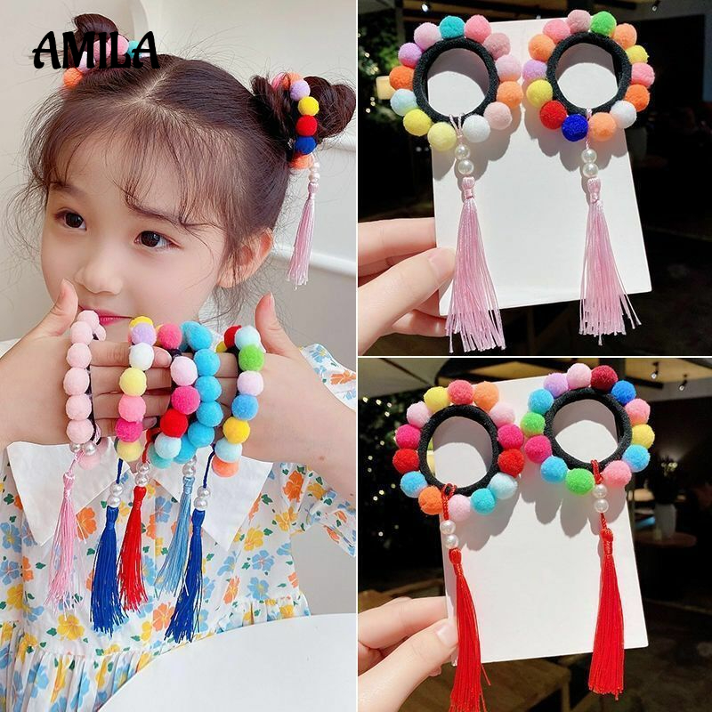 Cặp dây buộc tóc AMILA đính bóng lông và tua rua nhiều màu sắc tùy chọn xinh xắn dành cho bé gái