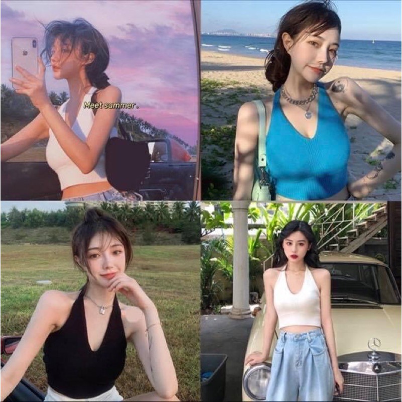 Áo yếm thun len body croptop hơ lưng cột - Order taobao quảng châu