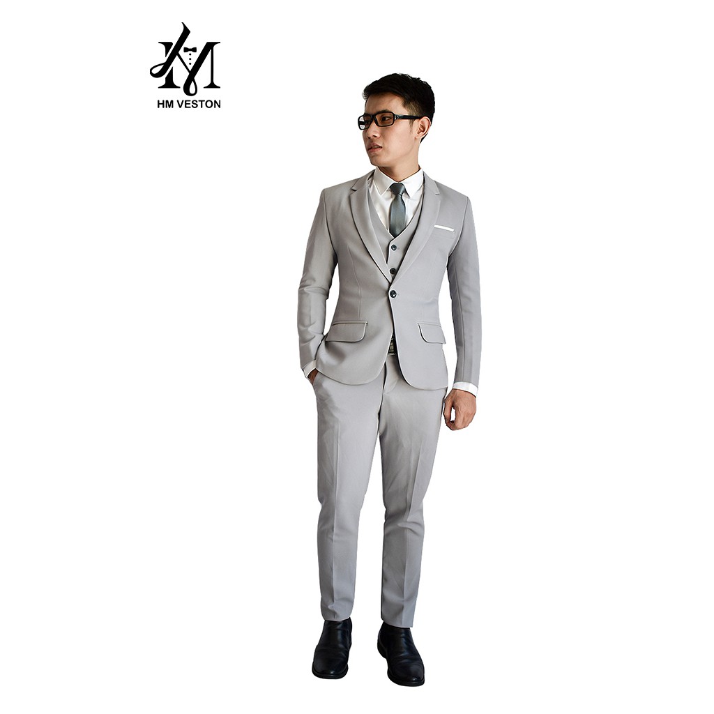Combo bộ vest nam ôm body màu xám ghi  tặng kèm cà vạt nơ