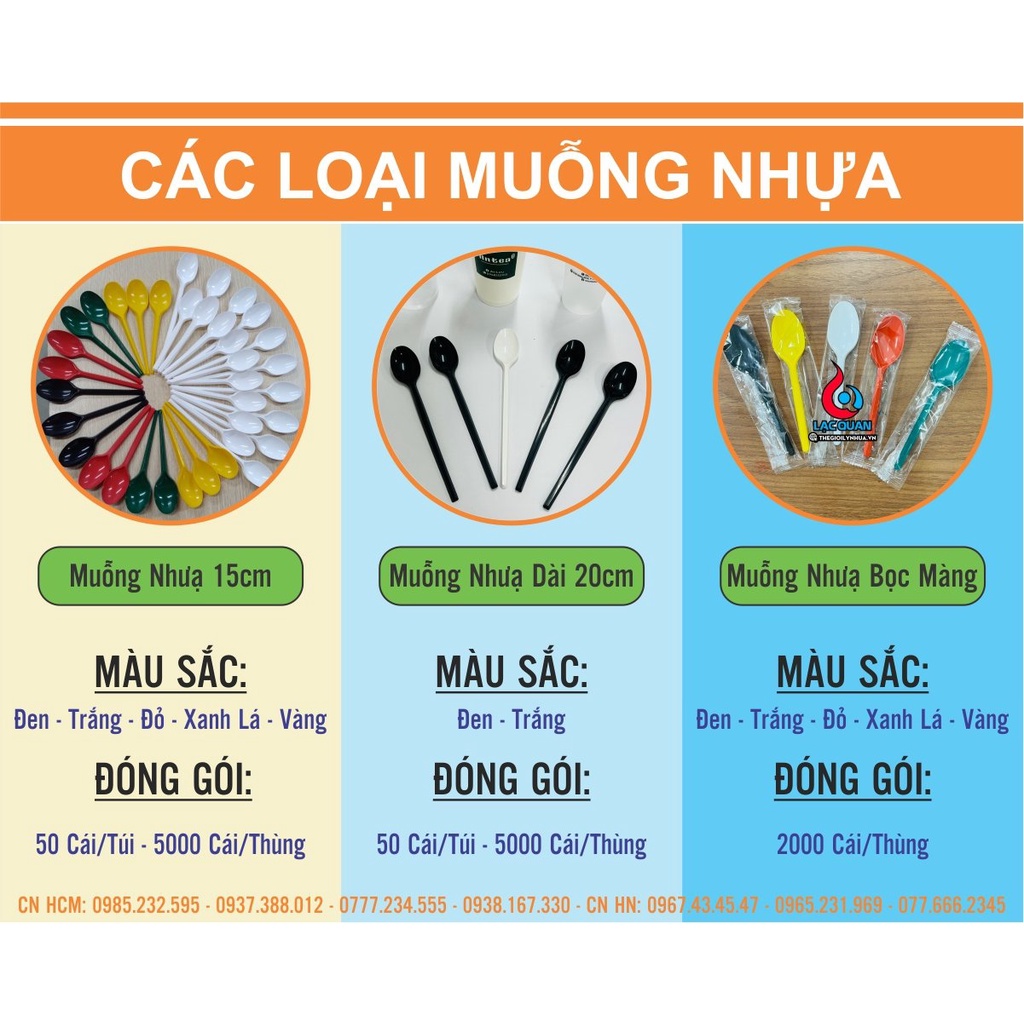 Túi 50c Muỗng Nhựa Cứng Dùng Một Lần Không Mùi-Đủ Màu-Phân Loại [17cm]