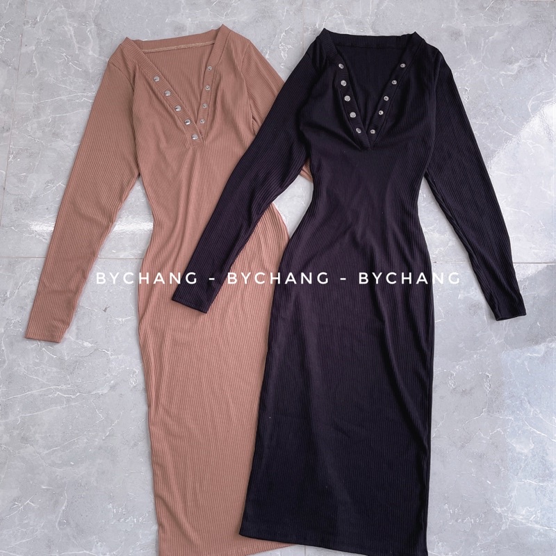 [HÌNH THẬT] Đầm Body Maxi Gân Nút Bấm Tay Dài Xịn Mịn byChang | BigBuy360 - bigbuy360.vn