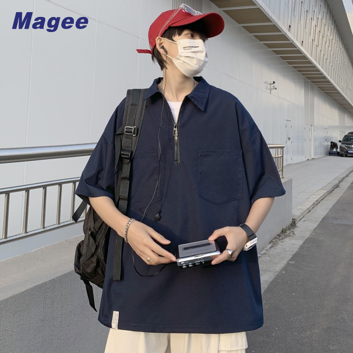 Magee Áo Sơ Mi Tay Lửng Dáng Rộng Màu Trơn Phong Cách Nhật Bản Thời Trang Mùa Hè Giản Dị Dành Cho Nam