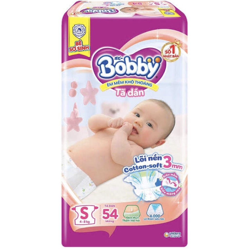Tã bỉm dán Bobby S54 dành cho bé 4-8kg,dán siêu thấm mẫu mới lõi nén 3mm