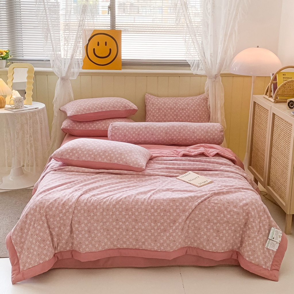 Bộ chăn ga gối Cotton đũi 5 món sọc kẻ Hàn Quốc, chăn trần bông nhập khẩu chất liệu vải đũi mềm mại và thông thoáng