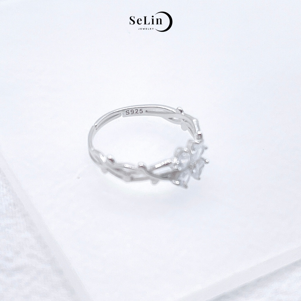 Nhẫn bạc nữ 925 đính đá hình cỏ bốn lá thân xoắn cao cấp phong cách Hàn Quốc  SELIN JEWELRY - 0001