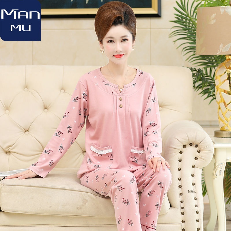 Bộ đồ ngủ mặc nhà bằng vải cotton tinh khiết của bà mẹ trung niên và lớn tuổi mùa thu đông phù hợp với người già dài tay