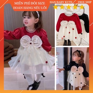Váy nhung phối voan chấm bi dáng babydoll thắt nơ xinh xắn cho bé gái 7- 18kg