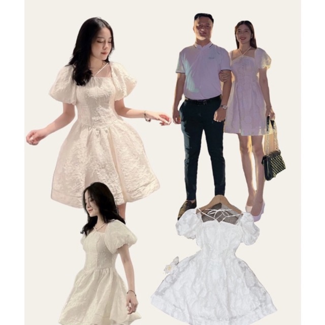 ĐẦM GẤM HOA TRẮNG CỔ YẾM TAY BỒNG DÁNG XOÈ TIỂU THƯ