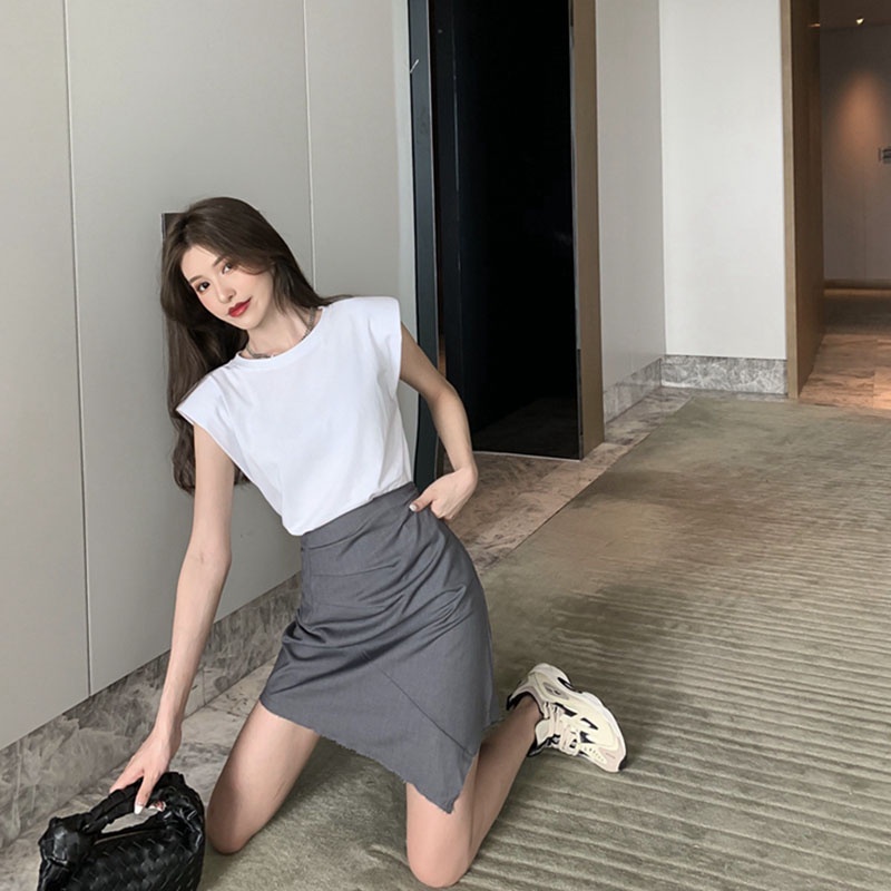 Set Áo Cotton Cao Cấp Không Tay Độn Vai Chân Váy Vạt Chéo Nhún Cạp Thời Trang Sugal TOP NU 033 + CV NU 010