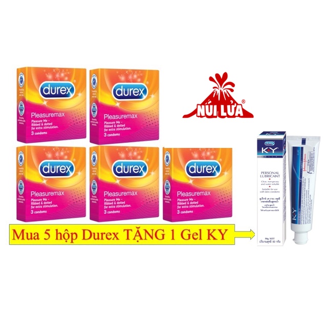 Combo 5 hộp Bao cao su GÂN GAI Liti Durex Pleasuremax TẶNG 1 Gel KY