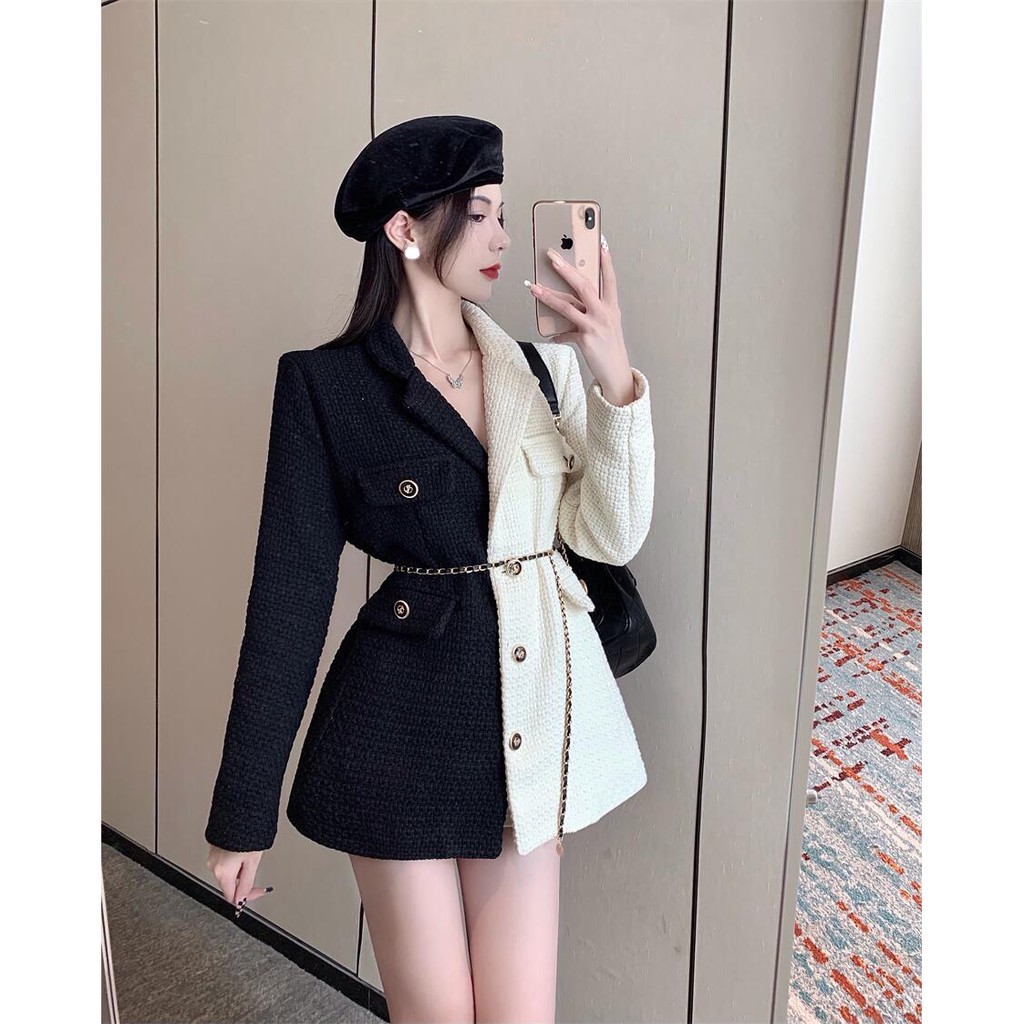 Áo khoác dạ tweed phối màu đen trắng kèm đai lưng sang chảnh