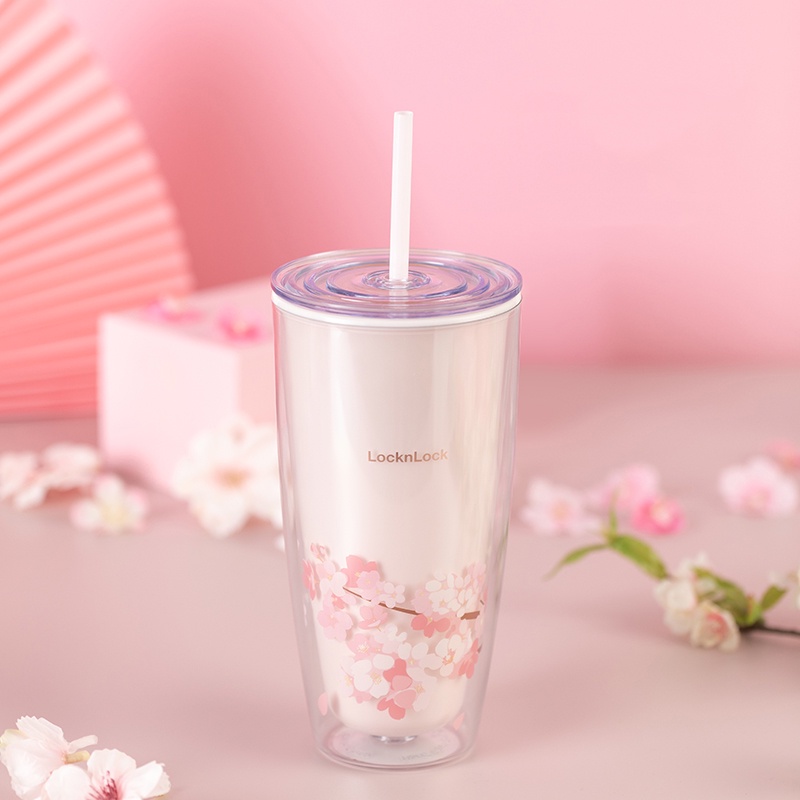 Ly Nhựa 2 lớp Lock&amp;Lock Cherry Blossom Kèm Ống Hút HAP509WHT / HAP509PIK 750ml
