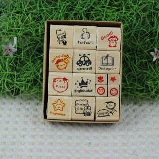 Bộ 15 con dấu gỗ Tiếng Anh (tặng kèm khay mực dấu đỏ)