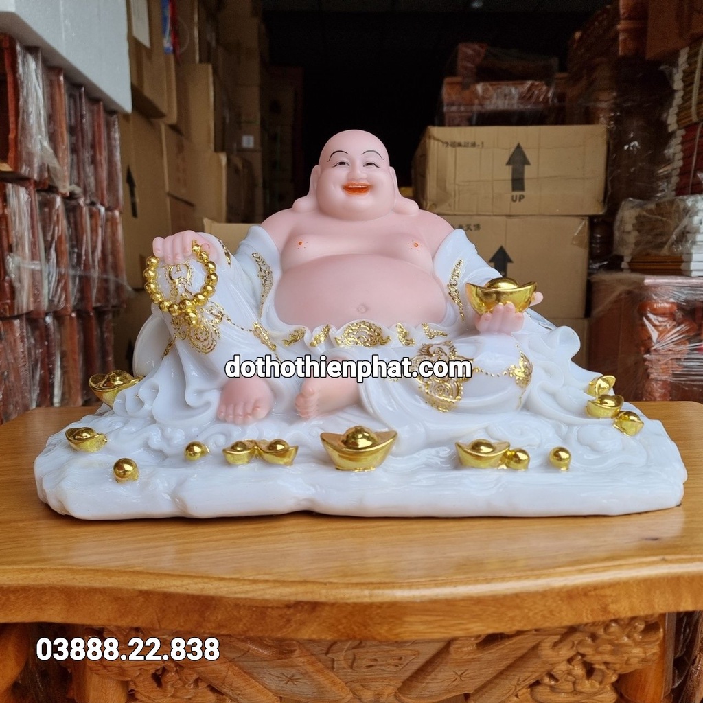Tượng phật di lặc đá 12in ngang 33cm màu trắng mẫu mới