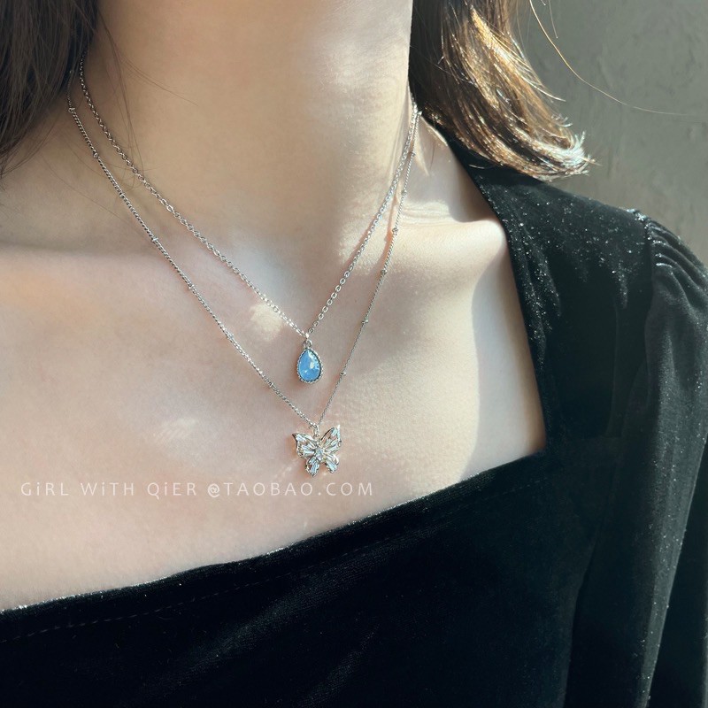 Sét Vòng Cổ &amp; Bông Tai Mặt Bướm,Bạc 925 , bộ trang sức vòng cổ &amp; bông tai bạc 925 thời trang - Hari Korea Accessories