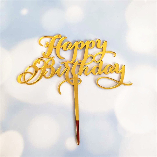 Topper mica HPBD chữ nét mảnh màu vàng