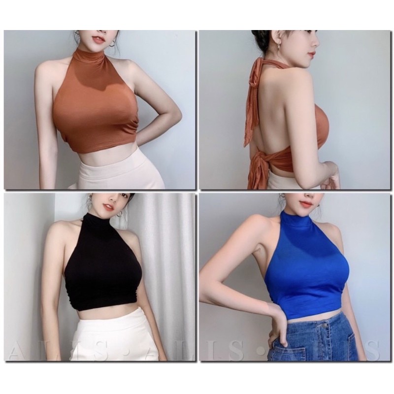 Áo Croptop Cột Dây Yếm Có Đệm Ngực Tháo Rời, Lưng Sau Buộc Dây Cá Tính Siêu Xinh