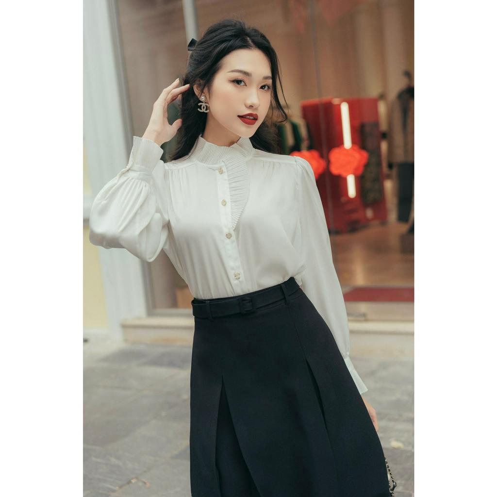 Áo sơ mi lụa satin cổ bèo dập li HUONG BOUTIQUE HBSM943