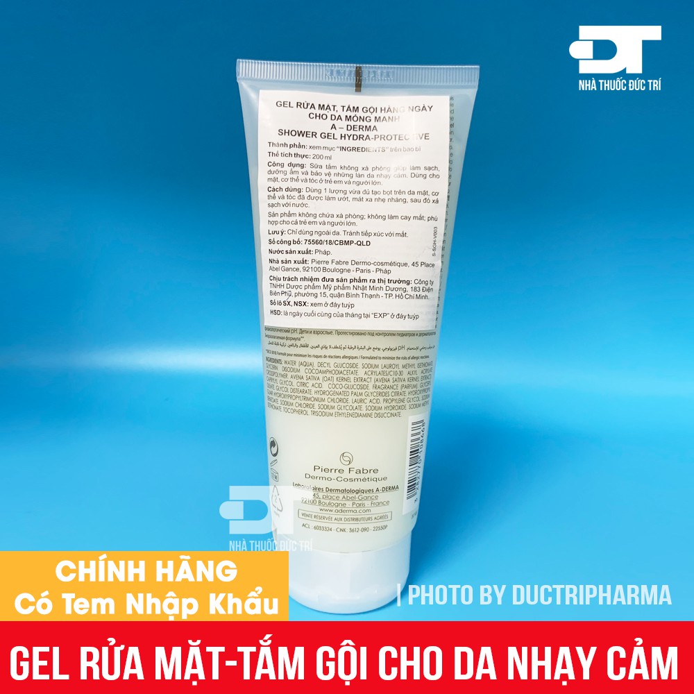 [CHÍNH HÃNG] Gel rửa mặt, tắm gội hàng ngày cho da mỏng manh A-DERMA SHOWER GEL HYDRO-PROTECTIVE ADERMA