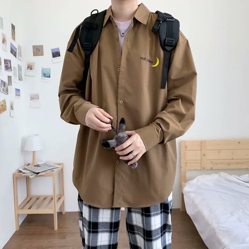 Áo sơ mi tay dài dáng rộng thêu họa tiết mặt trăng cỡ M-3XL dành cho nam