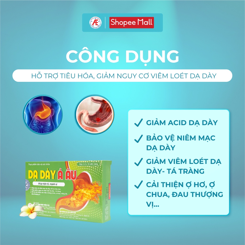 Dạ Dày Á Âu hộp 20 viên - Cải thiện chứng ợ hơi ợ chua, giảm nguy cơ viêm loét dạ dày hỗ trợ tiêu hóa DƯỢC PHẨM Á ÂU