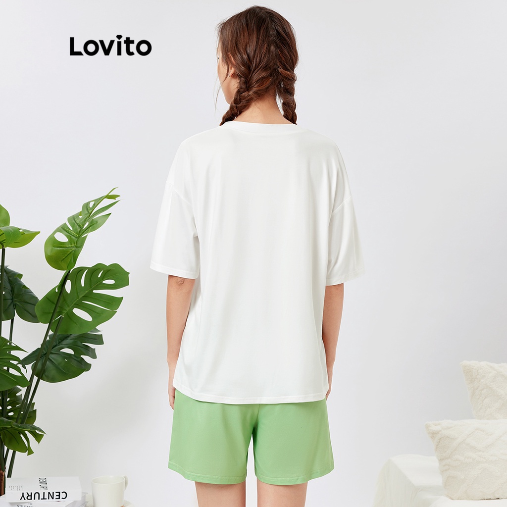 Set đồ pajamas Lovito họa tiết hoạt hình thoáng khí L26AD078 (màu xanh lá nhạt)