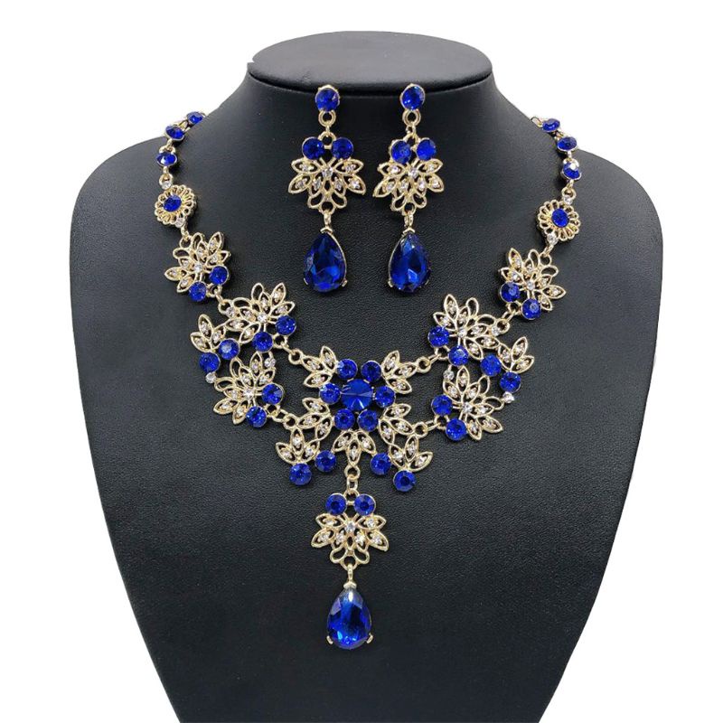 Set Vòng cổ + đôi khuyên tai đính đá pha lê xanh dương thanh lịch cho nữ